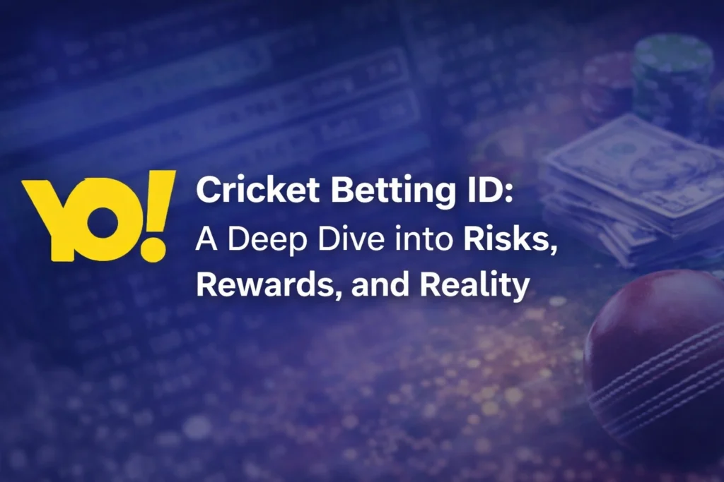 Cricket betting ID risks rewards and reality concept banner with YO logo and cricket elements