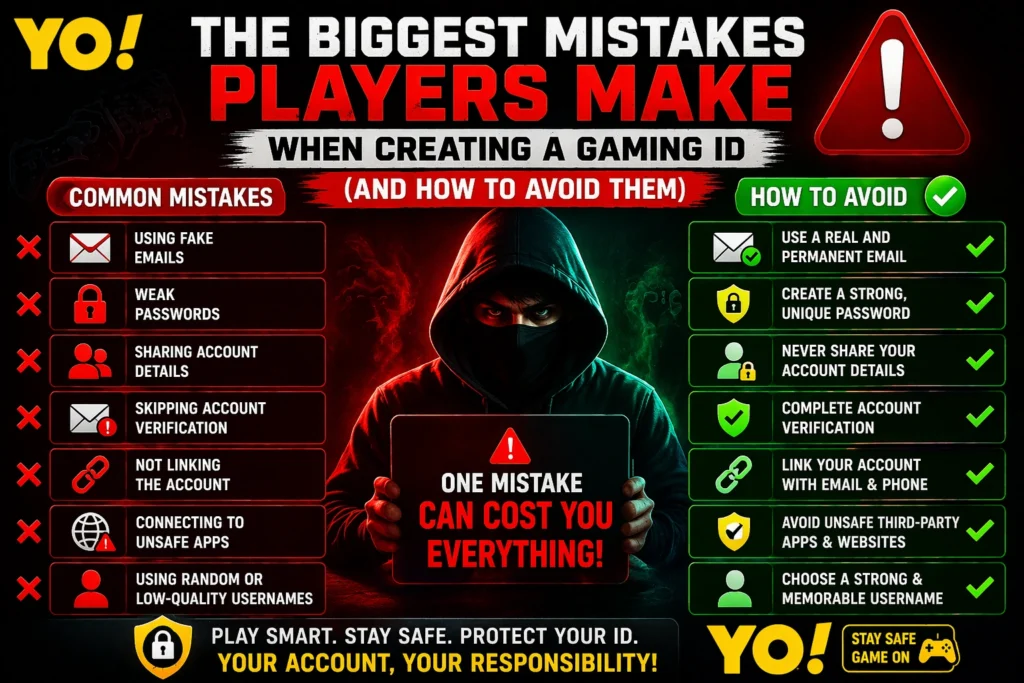 How to create ID mistakes in online games showing weak passwords, fake emails, and account security risks