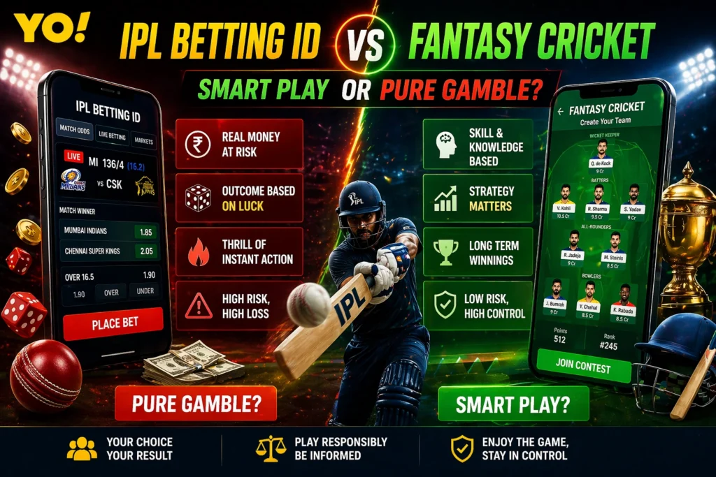IPL Betting ID vs Fantasy Cricket comparison showing betting risks and fantasy cricket strategy with mobile apps and cricket elements