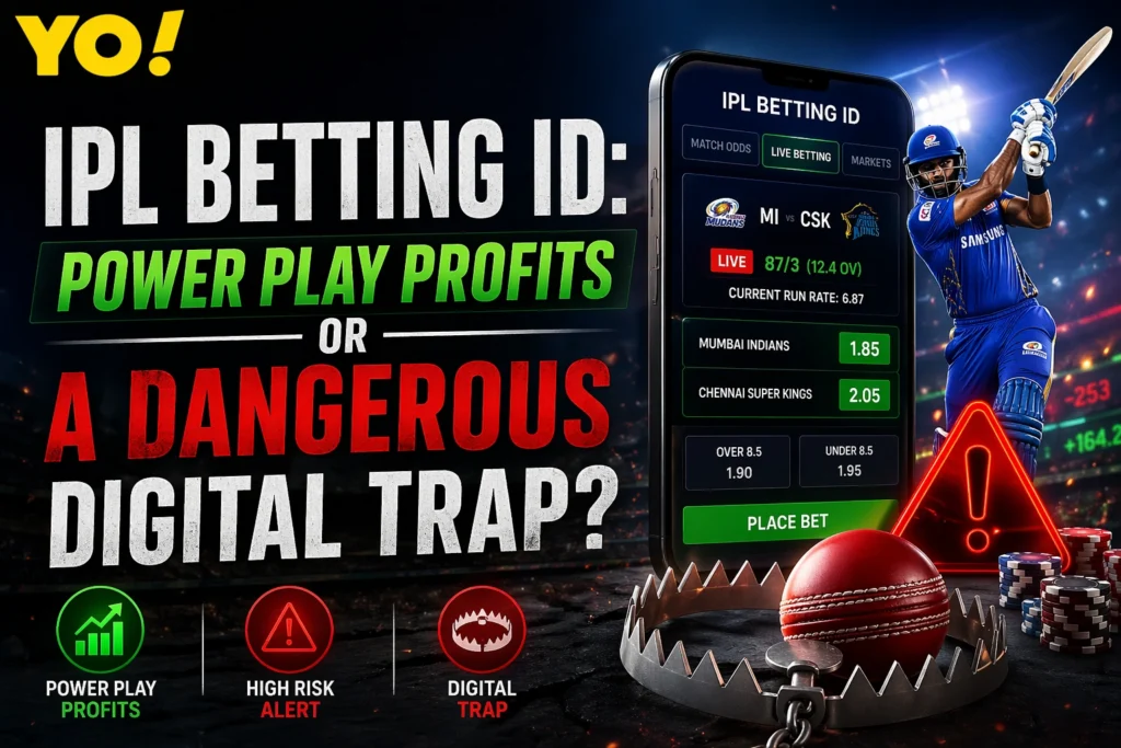 IPL Betting ID concept showing power play profits vs dangerous digital trap with cricket player, betting app, and warning elements