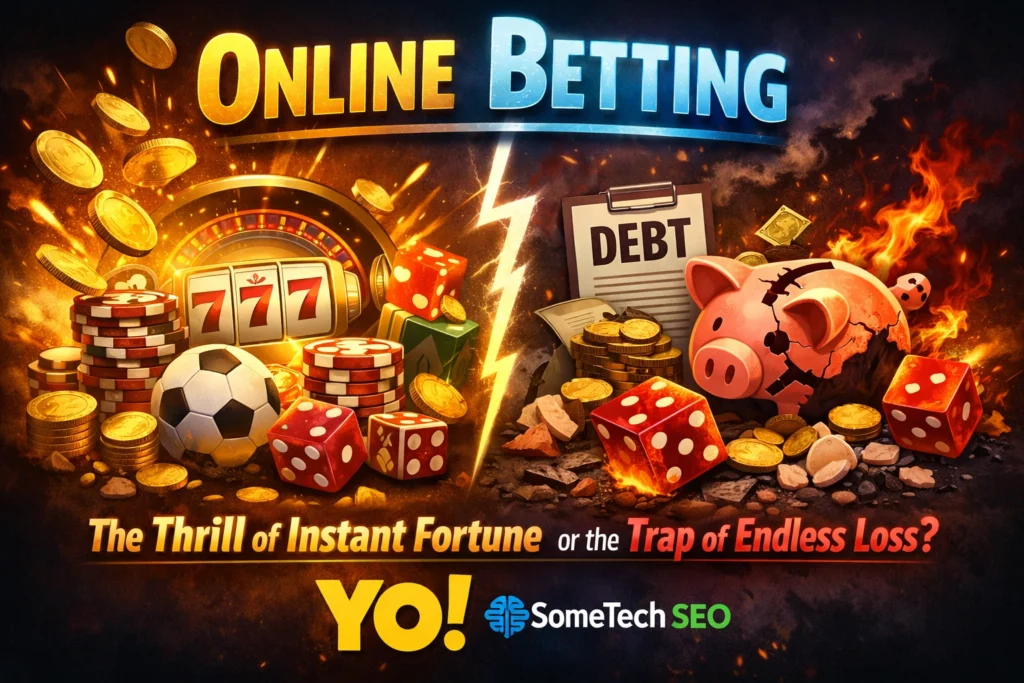 Online betting showing thrill of instant fortune vs risk of endless loss with YO logo