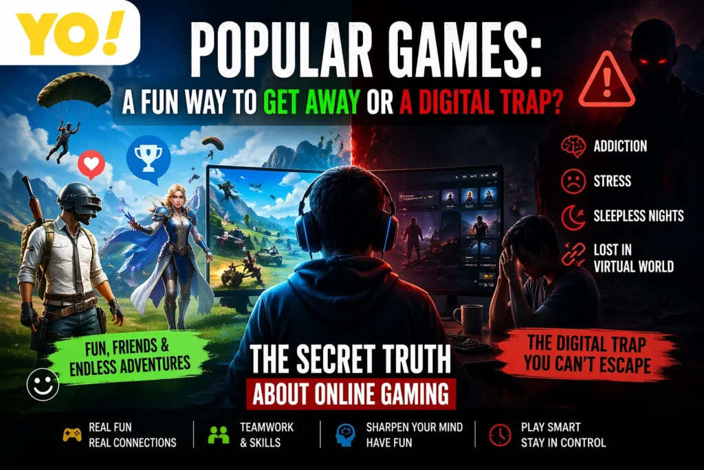 Popular games online gaming concept showing fun escape vs digital trap with gaming addiction contrast