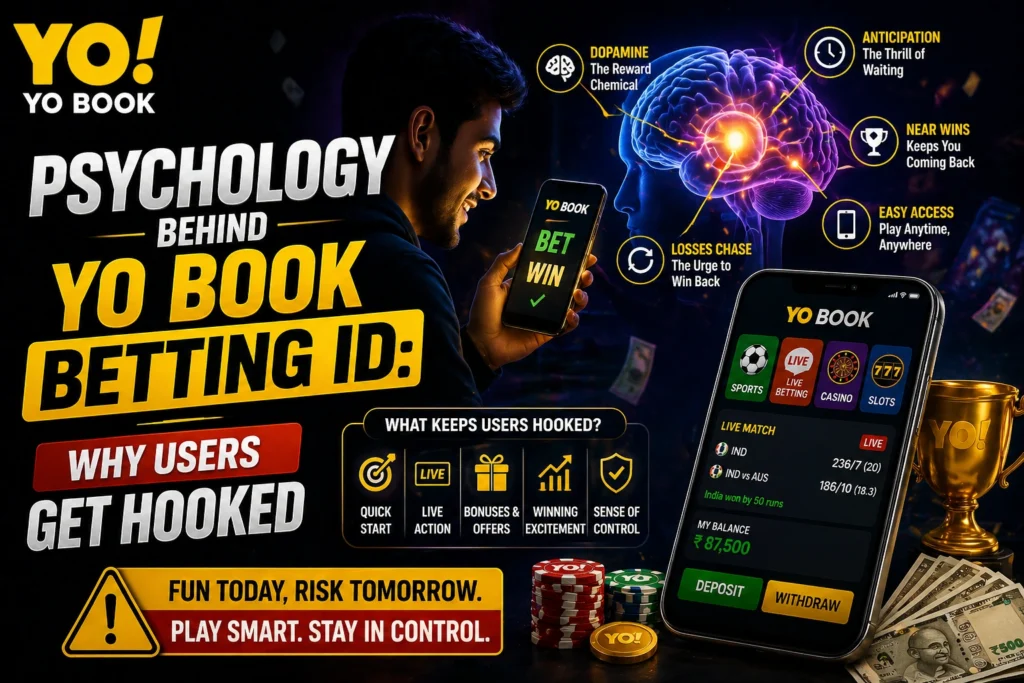 YO BOOK Betting ID psychology banner showing user addiction, emotional betting behavior and online gaming engagement