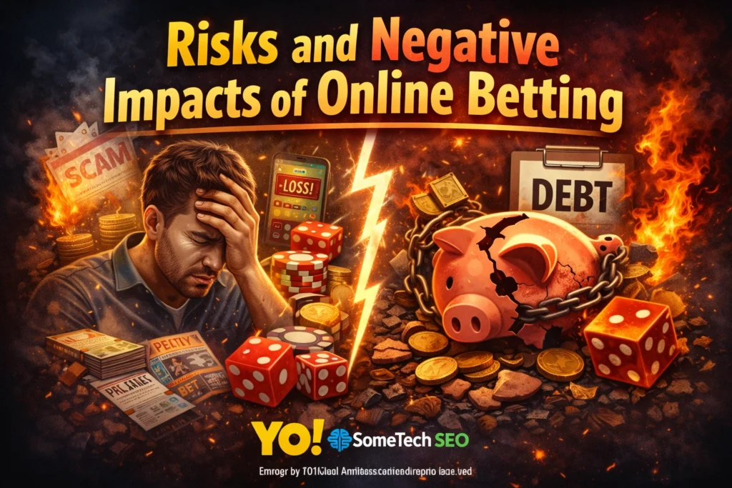 Risks and negative impacts of online betting showing addiction, financial loss and YO logo
