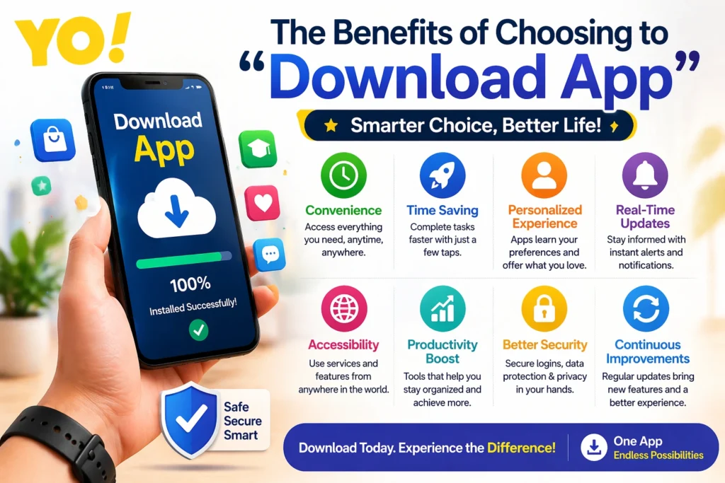 Benefits of Download App showing convenience productivity security and personalized experience on smartphone