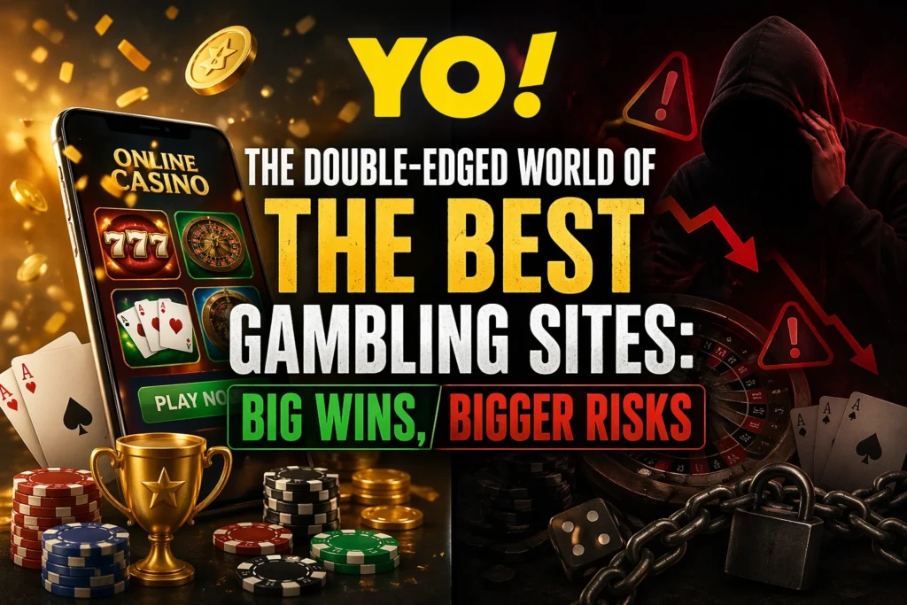 Best Gambling Site banner showing big wins and bigger risks with casino elements and warning visuals