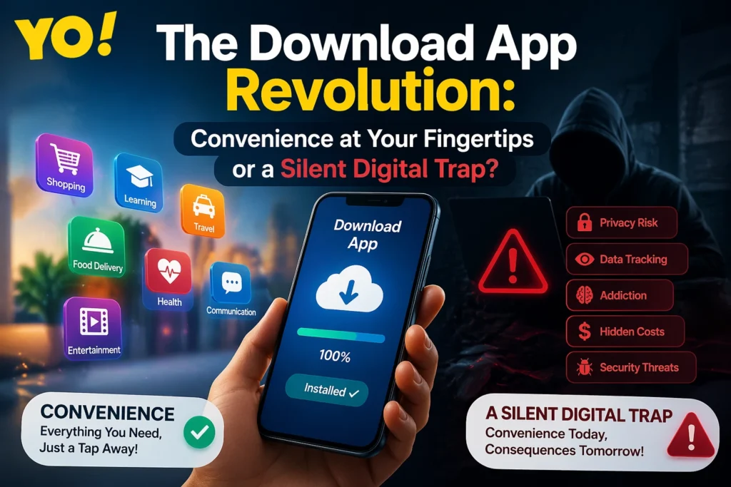 Download App Revolution showing convenience benefits and digital risks with smartphone and warning elements