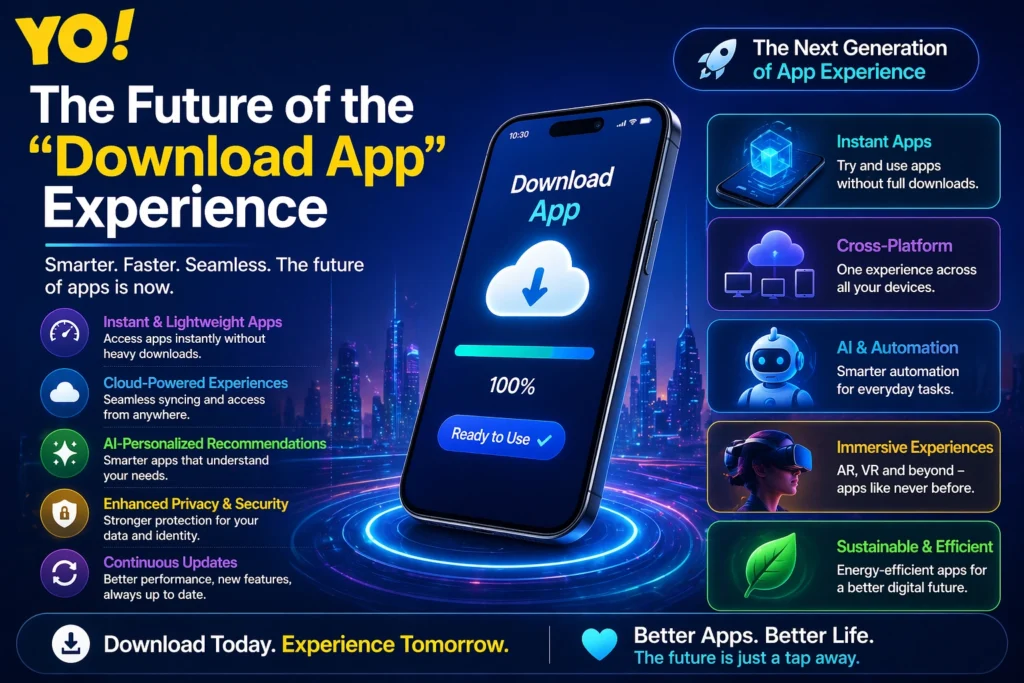 Future of Download App experience showing AI cloud instant apps and smart digital technology