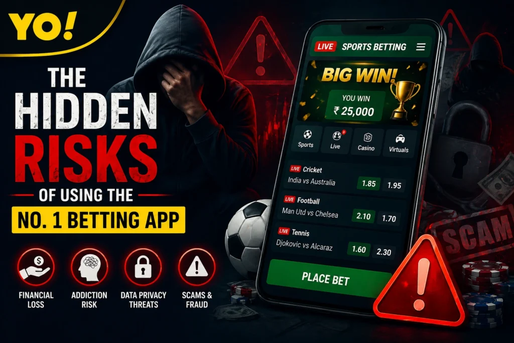Hidden risks of No. 1 betting app showing mobile betting interface, warning signs, financial loss and addiction concept in online gaming