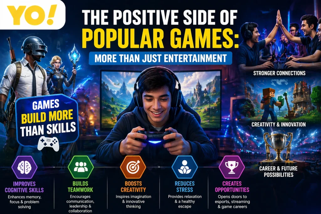 Positive side of popular games showing benefits like teamwork creativity and stress relief in online gaming