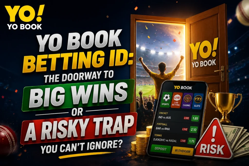 YO BOOK Betting ID banner showing big wins opportunity and risky trap concept in online betting world